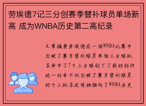 劳埃德7记三分创赛季替补球员单场新高 成为WNBA历史第二高纪录